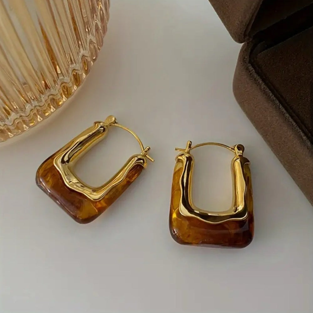 472. Gold and Brown Resin Hoop Earrings