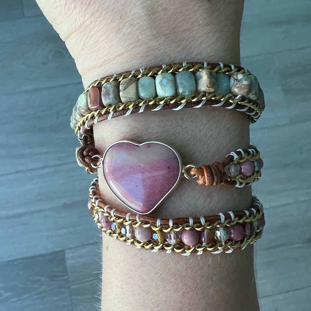 476. Pink Heart Natural Stone Multicolor Wrap Bracelet