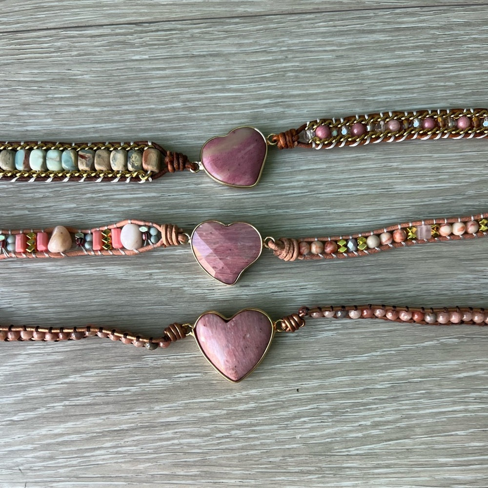 476. Pink Heart Natural Stone Multicolor Wrap Bracelet