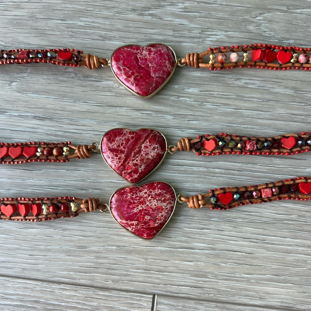 480. Red Heart Stone Wrap Bracelet