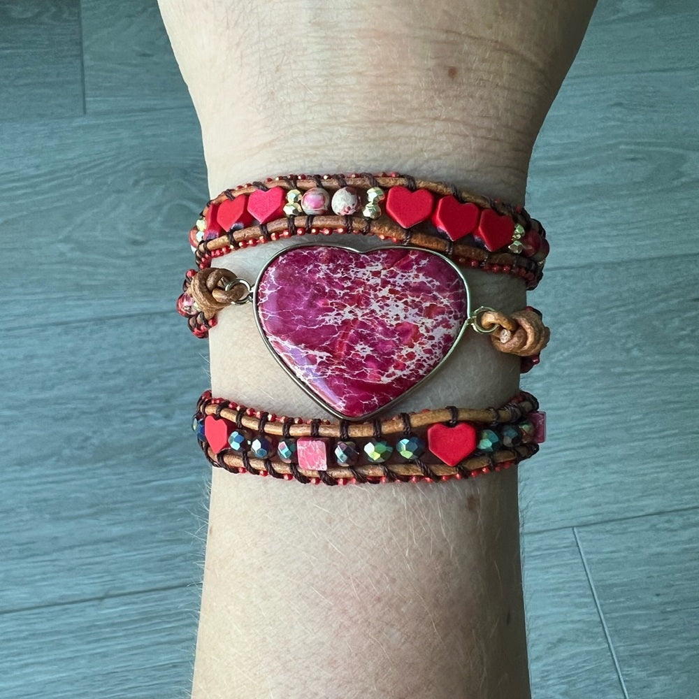 480. Red Heart Stone Wrap Bracelet