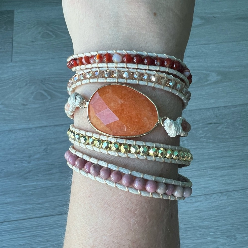 486. Orange Natural Stone & Beaded Wrap Bracelet