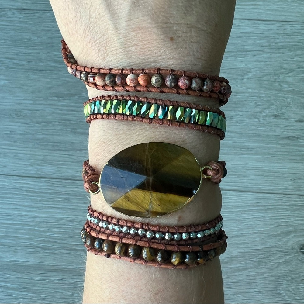 487. Tiger’s Eye Center Stone & Gold Beaded Wrap Bracelet
