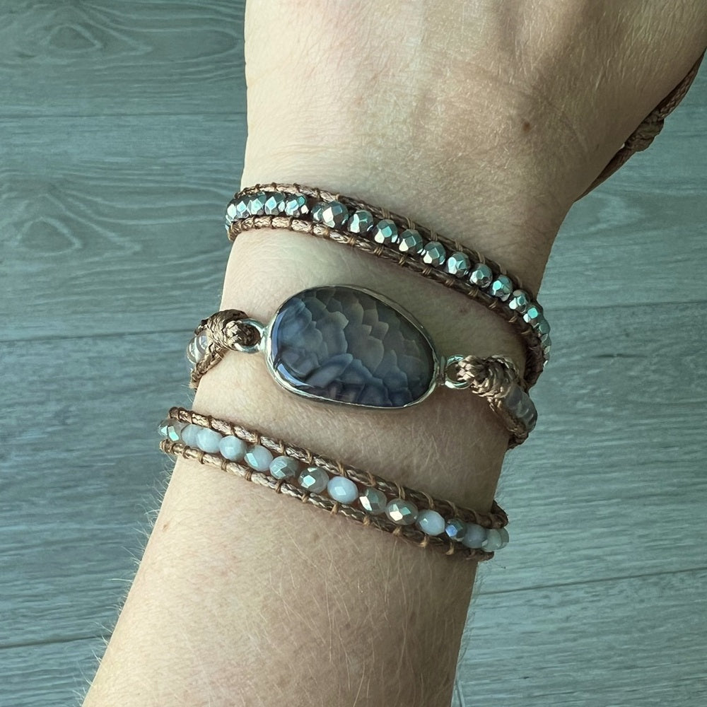 491. Boho Chic Grey Gemstone Wrap Bracelet with Silver Accents