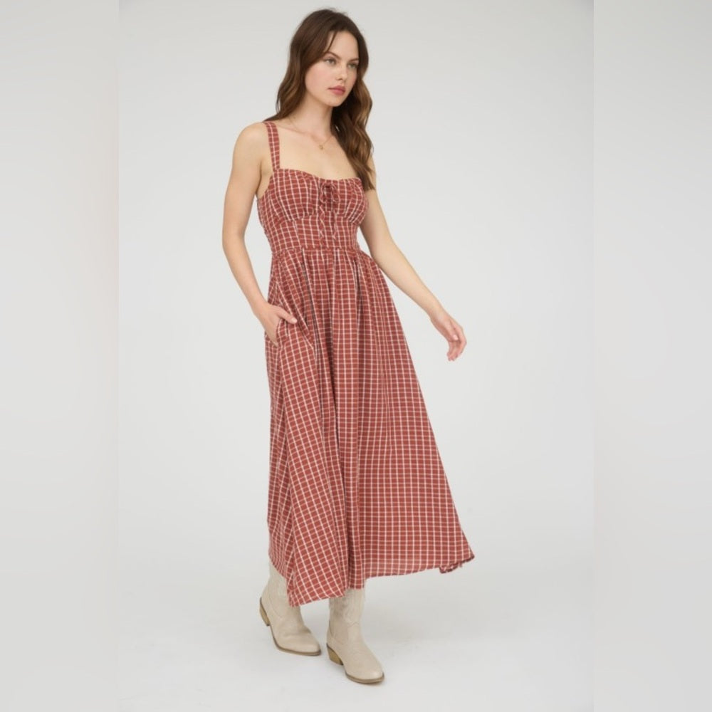 502 Rust Red Plaid Maxi Dress