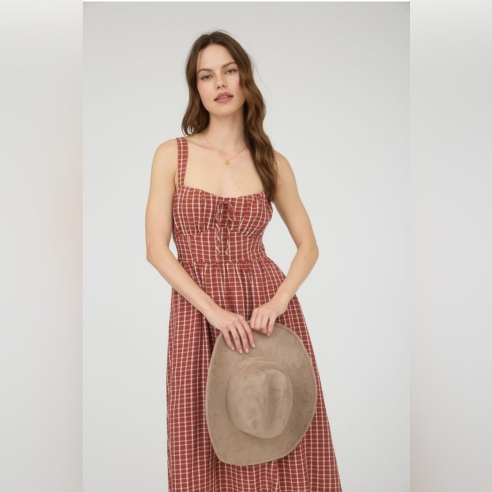 502 Rust Red Plaid Maxi Dress