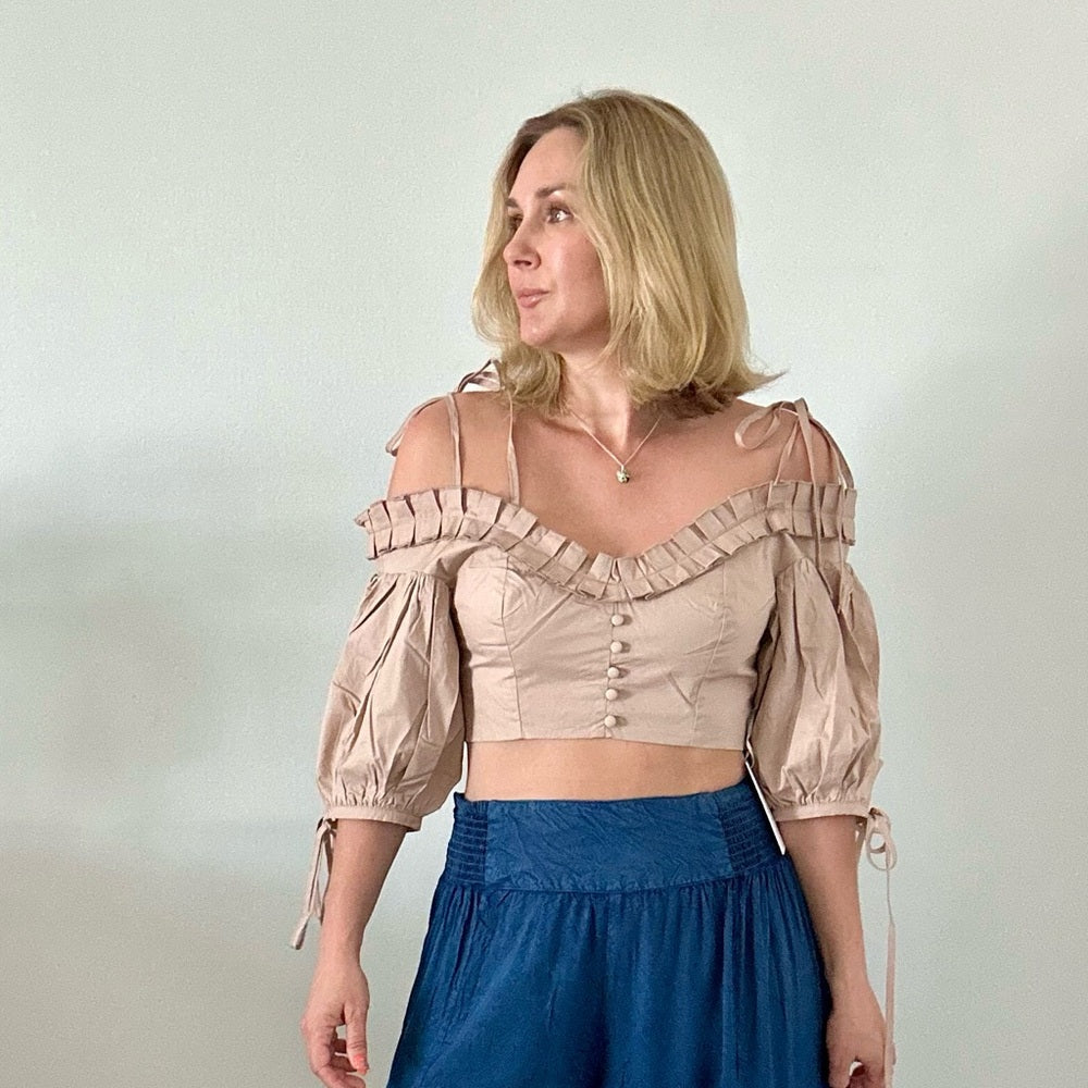504. Puff Sleeve Shoulder Tie Crop Top