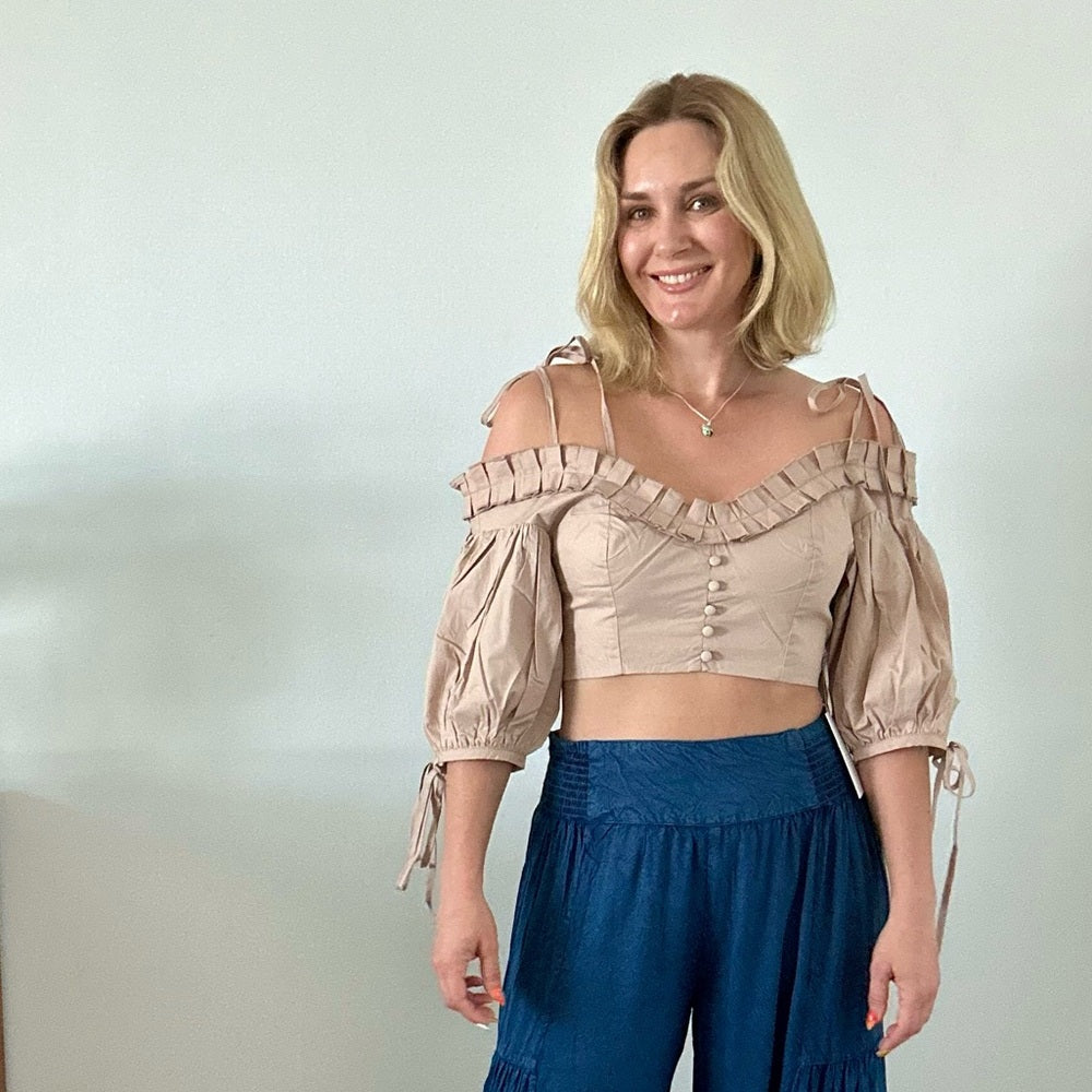 504. Puff Sleeve Shoulder Tie Crop Top