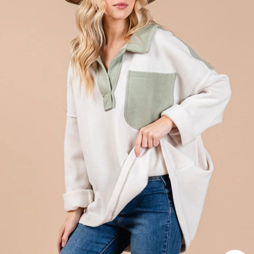 507. Women's Two-Tone Front Pocket Pullover Sweater Top