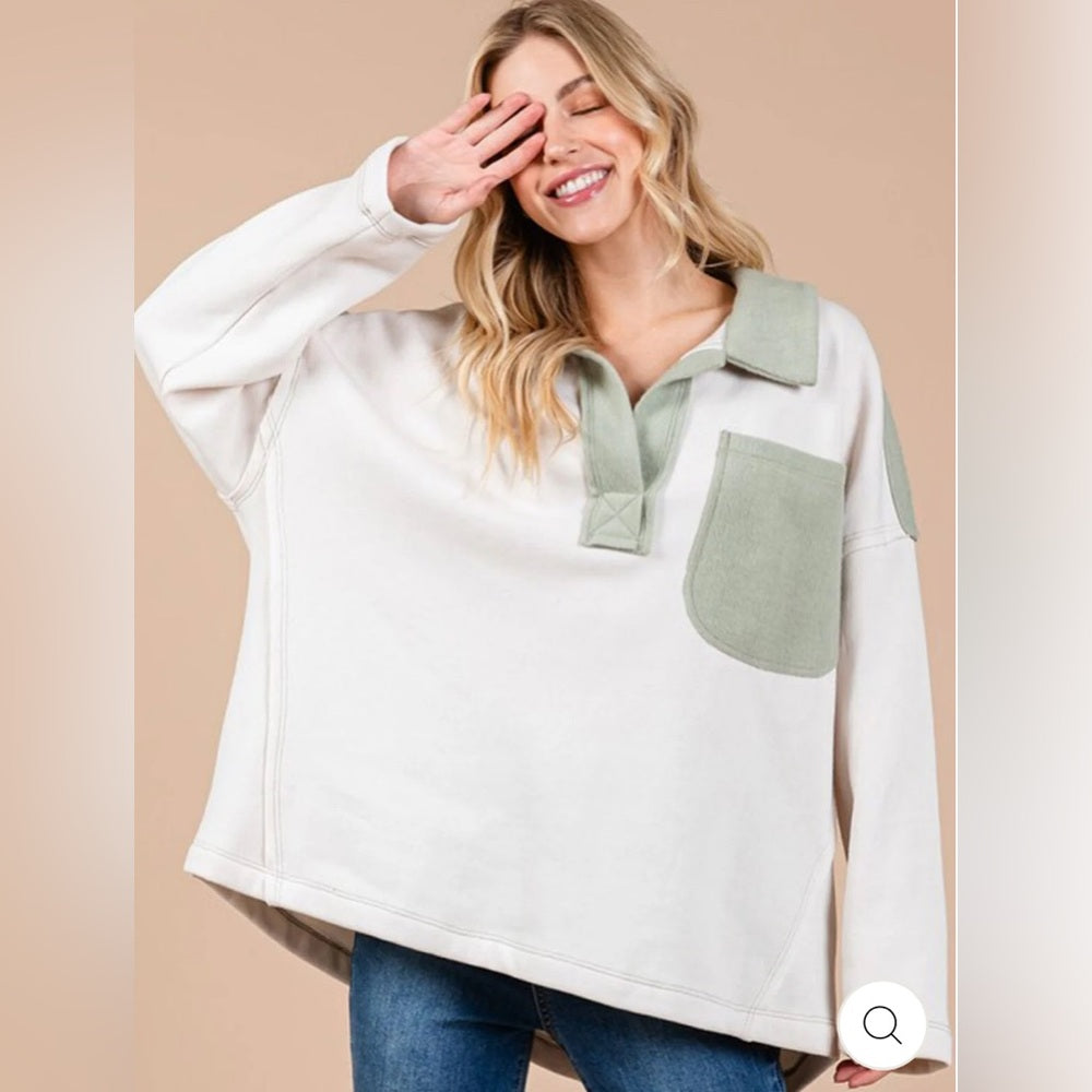 507. Women's Two-Tone Front Pocket Pullover Sweater Top