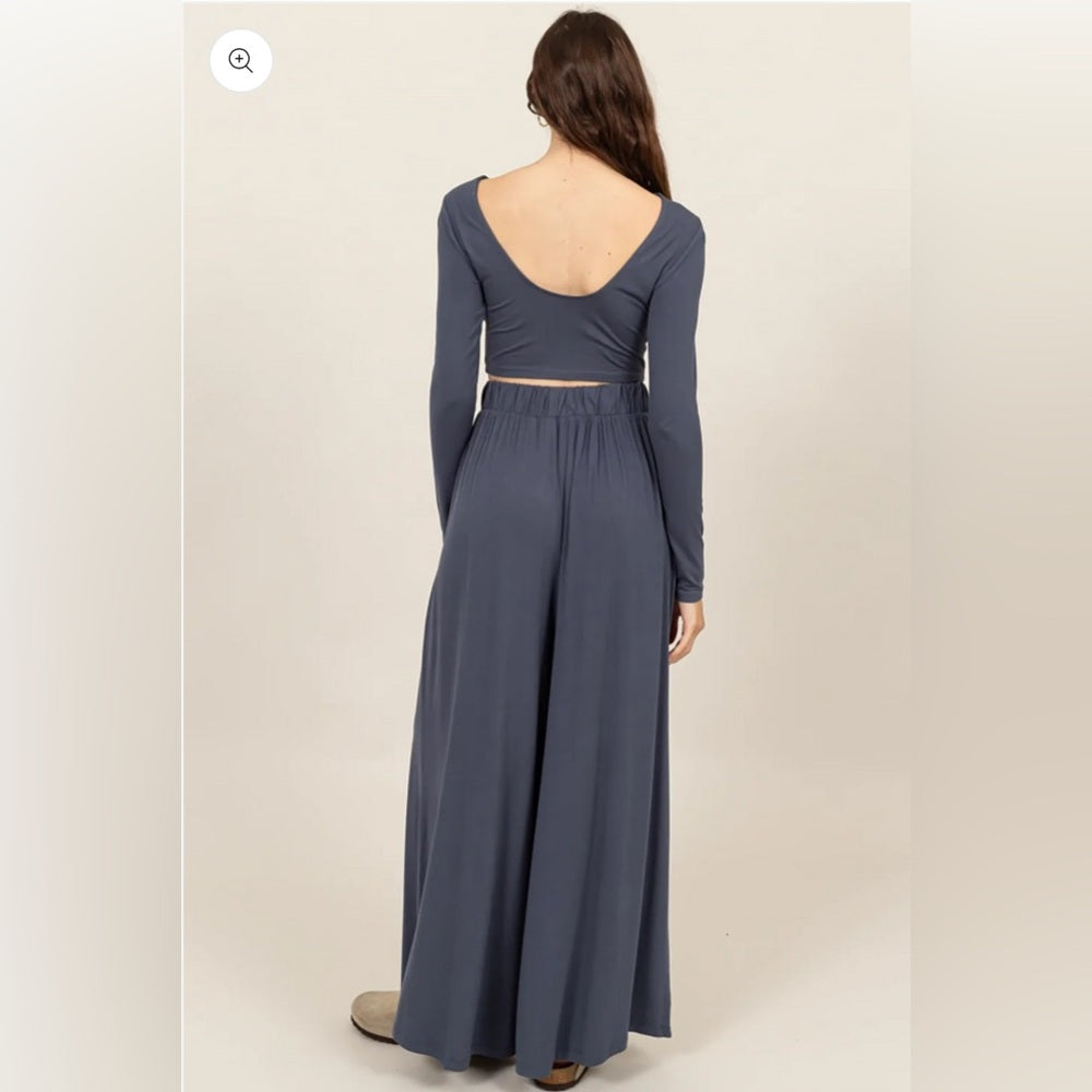 515. Long Sleeve Crop Top & Extra Wide Maxi Pants Set - Midnight Blue