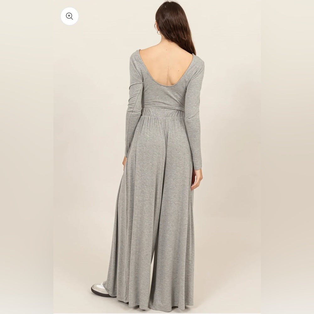 516. Long Sleeve Crop Top & Extra Wide Maxi Pants Set - Heather Grey