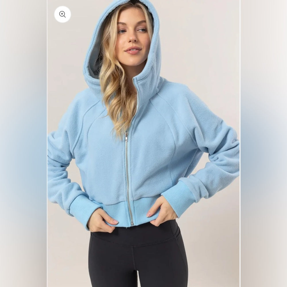 517. Cropped Zip Up Hooded Jacket Soft Fleece Brushed Scuba Hoodie - Sky Blue