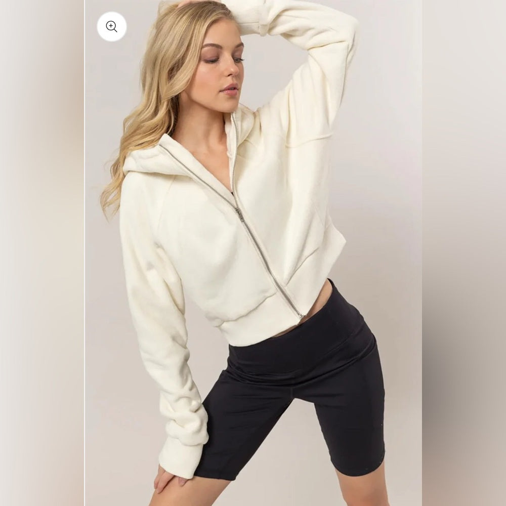 518. Cropped Zip Up Hooded Jacket Soft Fleece Brushed Scuba Hoodie - Ivory