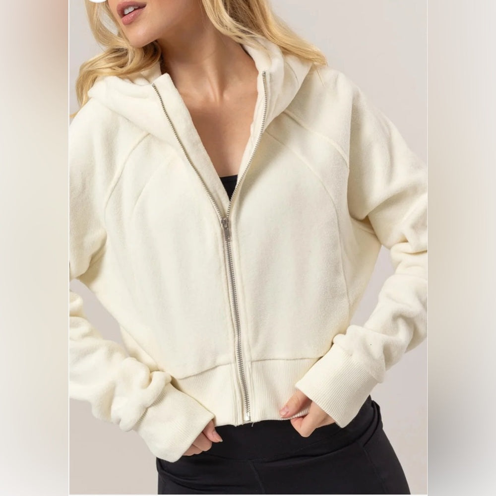 518. Cropped Zip Up Hooded Jacket Soft Fleece Brushed Scuba Hoodie - Ivory