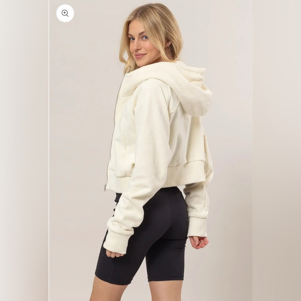 518. Cropped Zip Up Hooded Jacket Soft Fleece Brushed Scuba Hoodie - Ivory