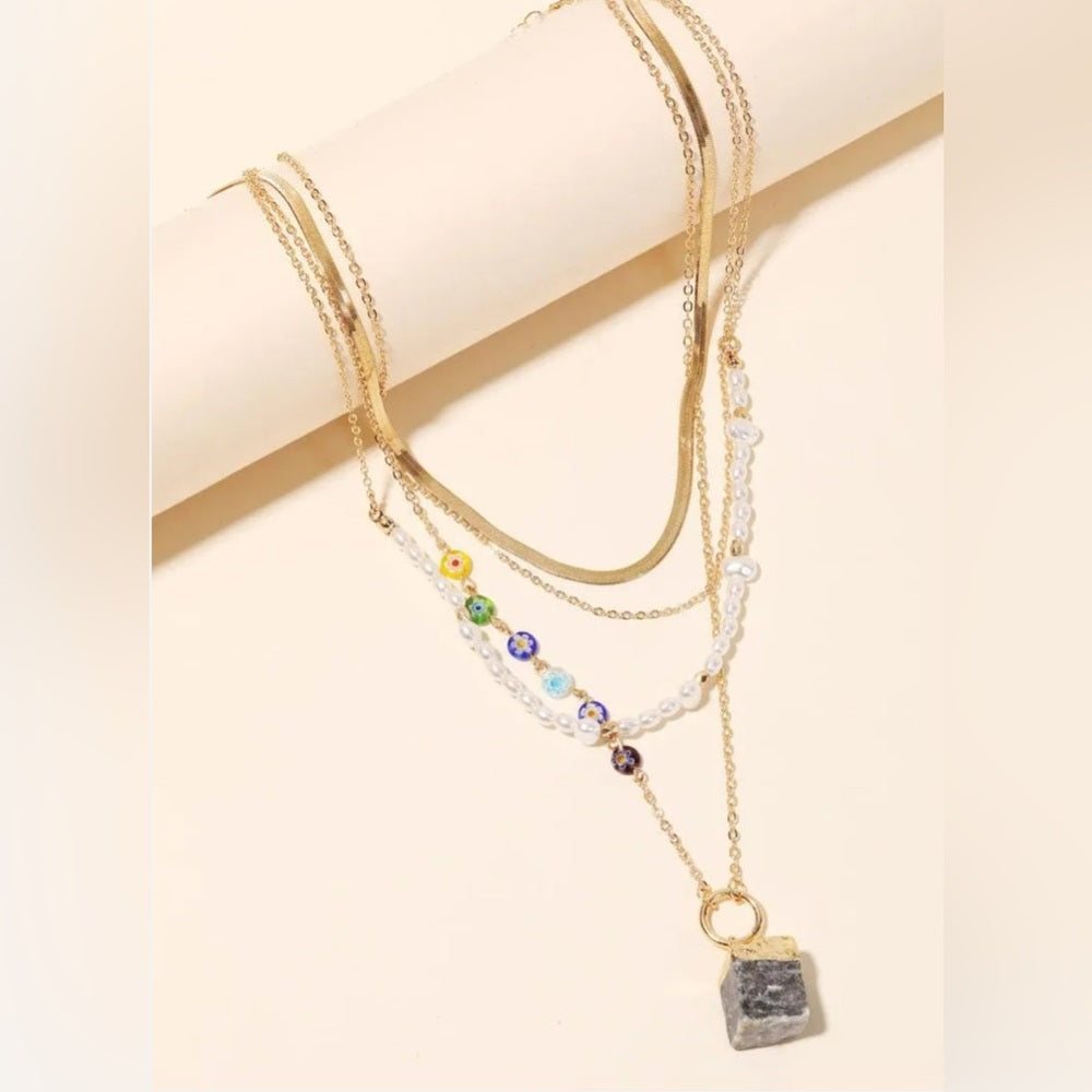519. Cube Stone Pendant Layered Chain Pearl Necklace