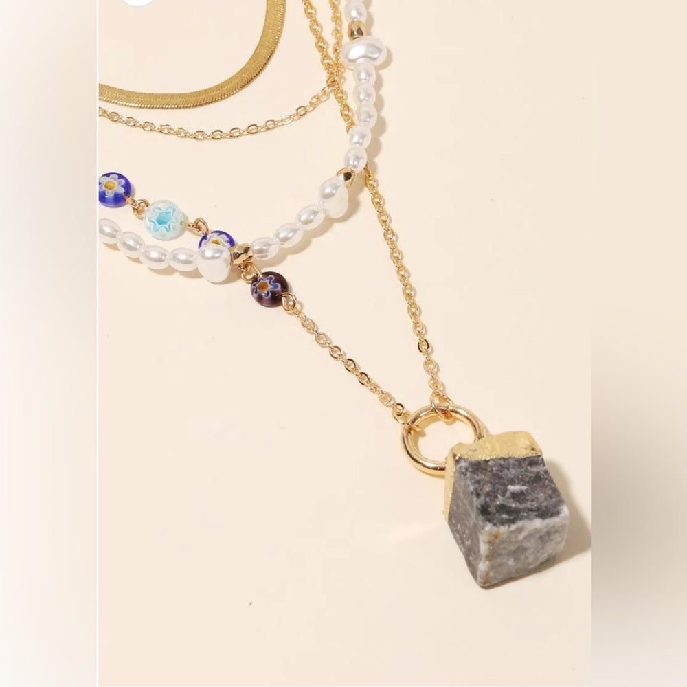 519. Cube Stone Pendant Layered Chain Pearl Necklace