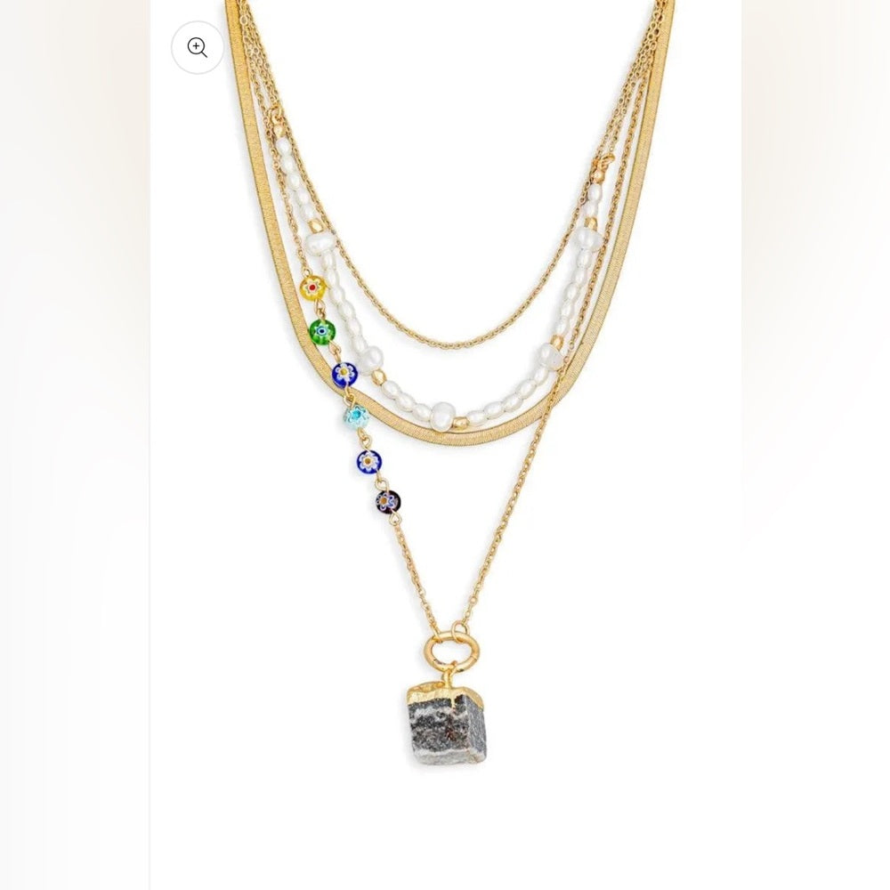 519. Cube Stone Pendant Layered Chain Pearl Necklace