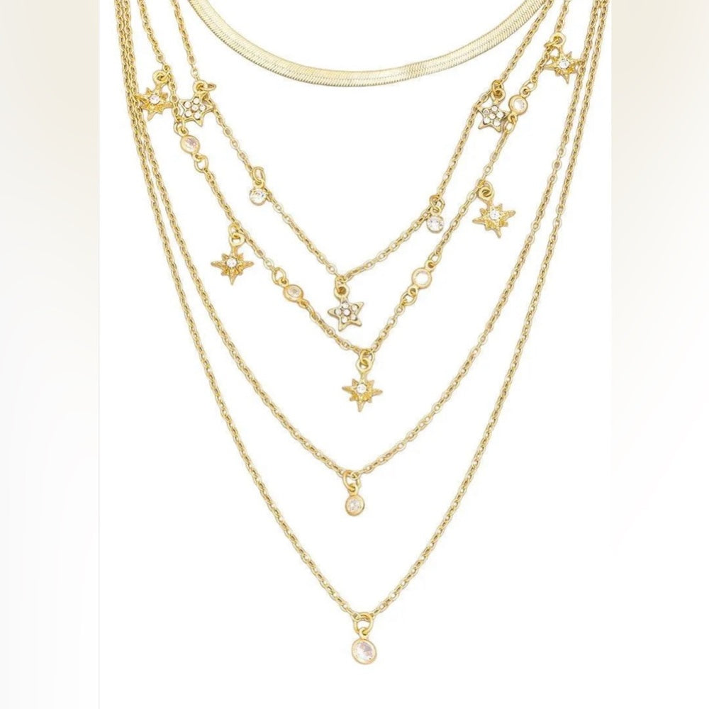 520. Multi Layered Chain Rhinestone Star Station Necklace