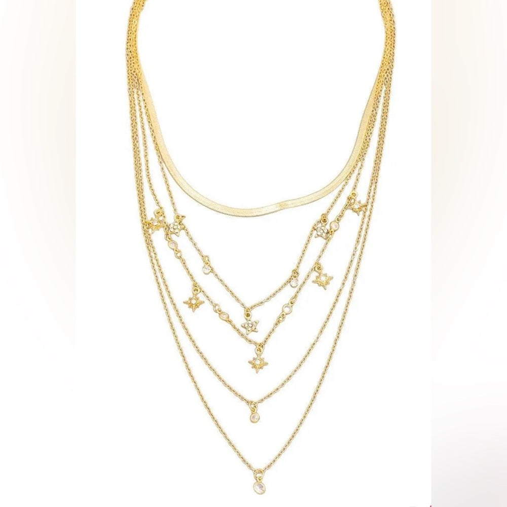 520. Multi Layered Chain Rhinestone Star Station Necklace