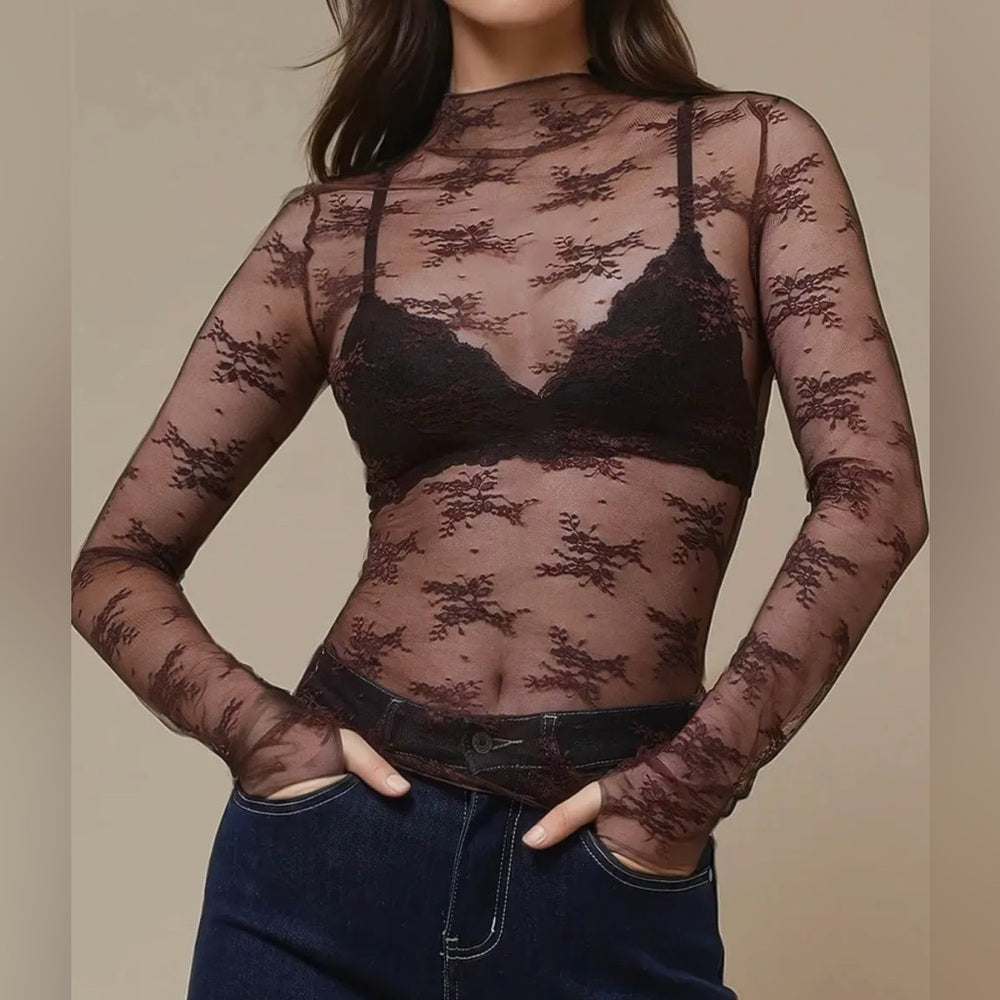 535. Espresso Brown Lace Long Sleeve Top
