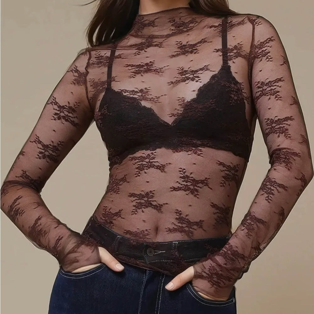 535. Espresso Brown Lace Long Sleeve Top