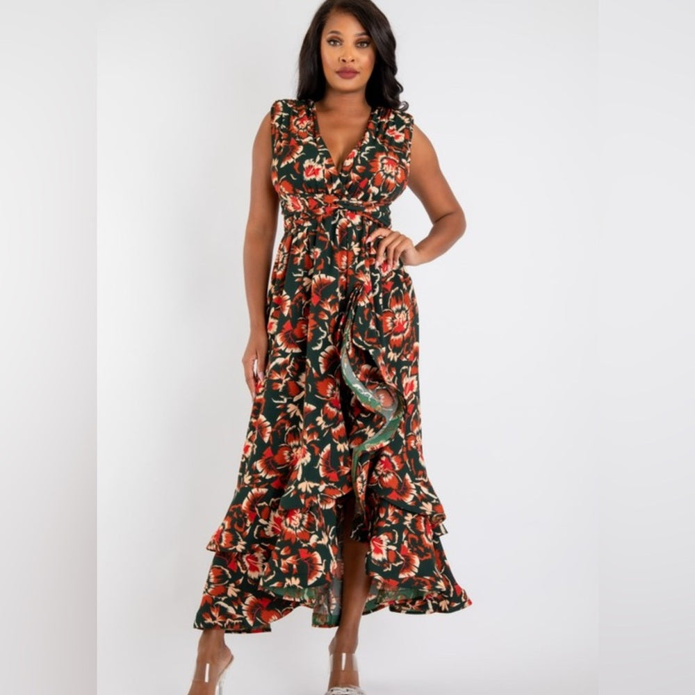 542. Hunter Green Flower Print Buckle Hi-low Ruffle Dress