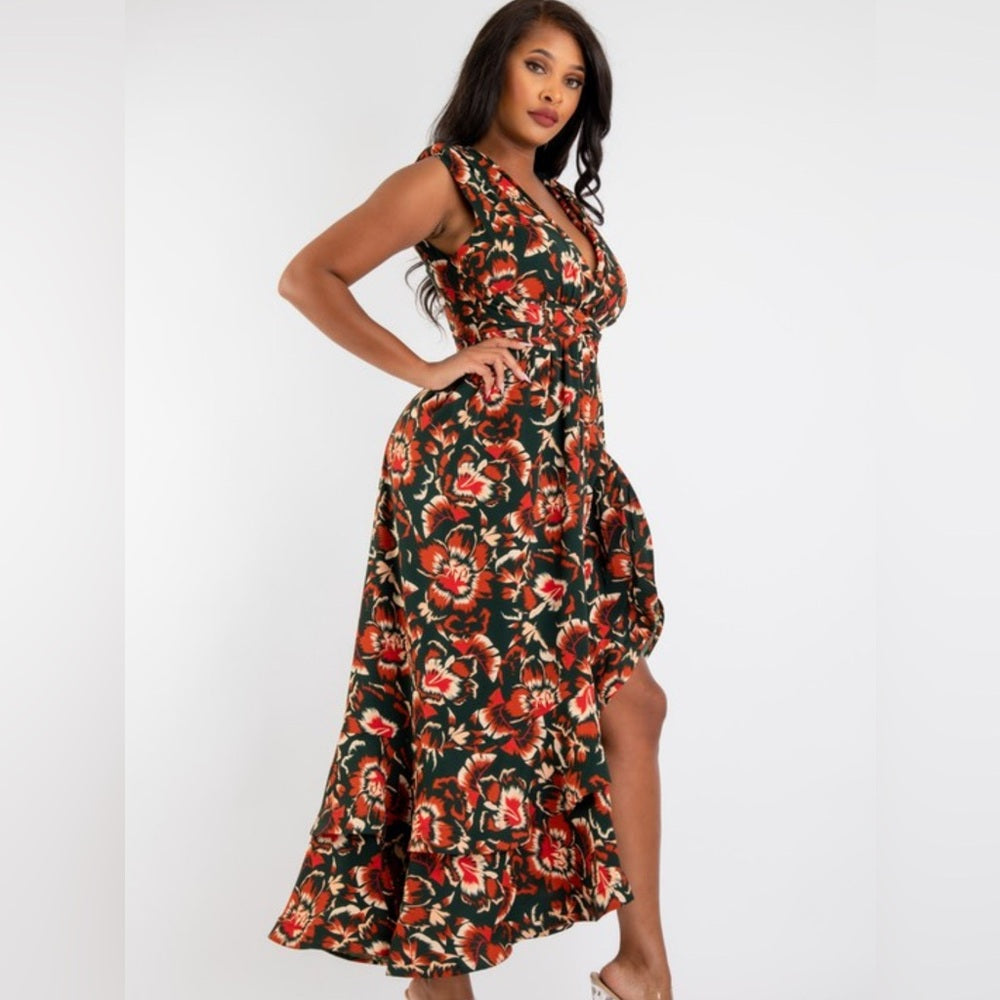 542. Hunter Green Flower Print Buckle Hi-low Ruffle Dress