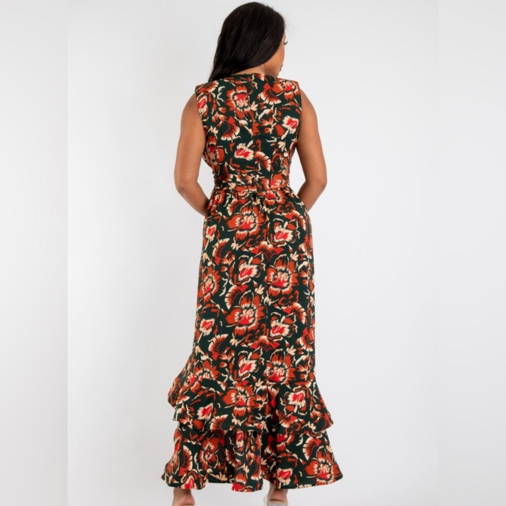 542. Hunter Green Flower Print Buckle Hi-low Ruffle Dress
