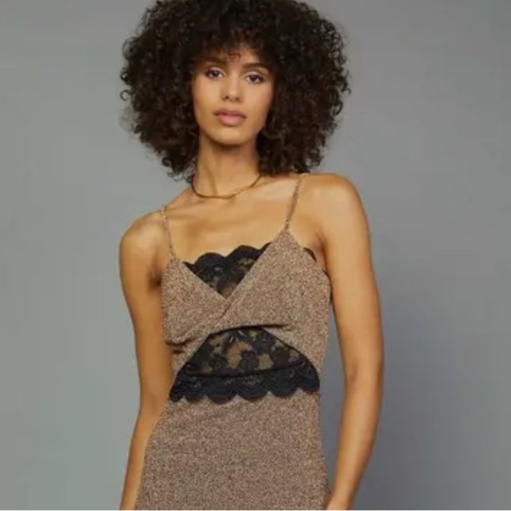 543. Current Air Gold Twist Front Dress w/ Lace and Adjustable Straps