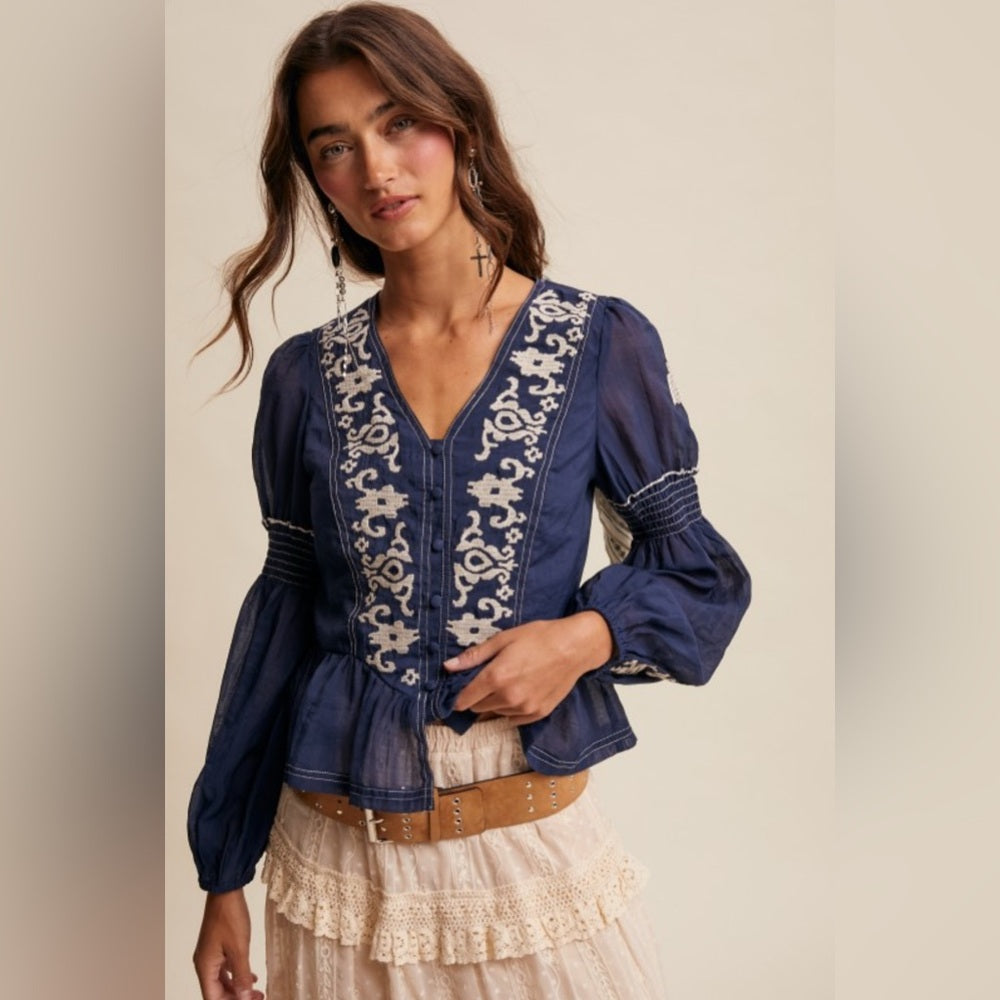 546. Embroidered Navy Blue Peplum Top