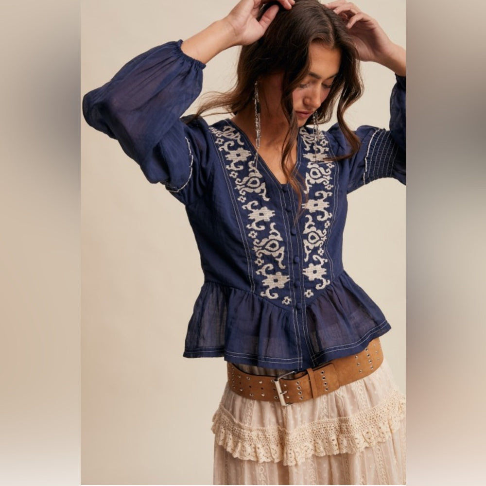 546. Embroidered Navy Blue Peplum Top