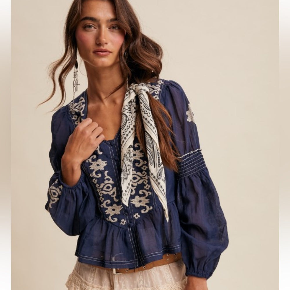 546. Embroidered Navy Blue Peplum Top