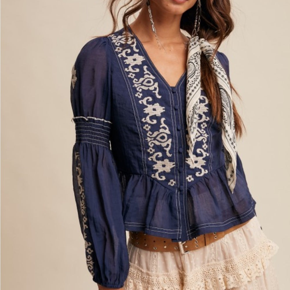 546. Embroidered Navy Blue Peplum Top