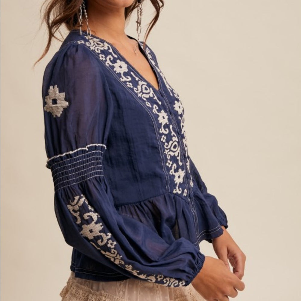 546. Embroidered Navy Blue Peplum Top