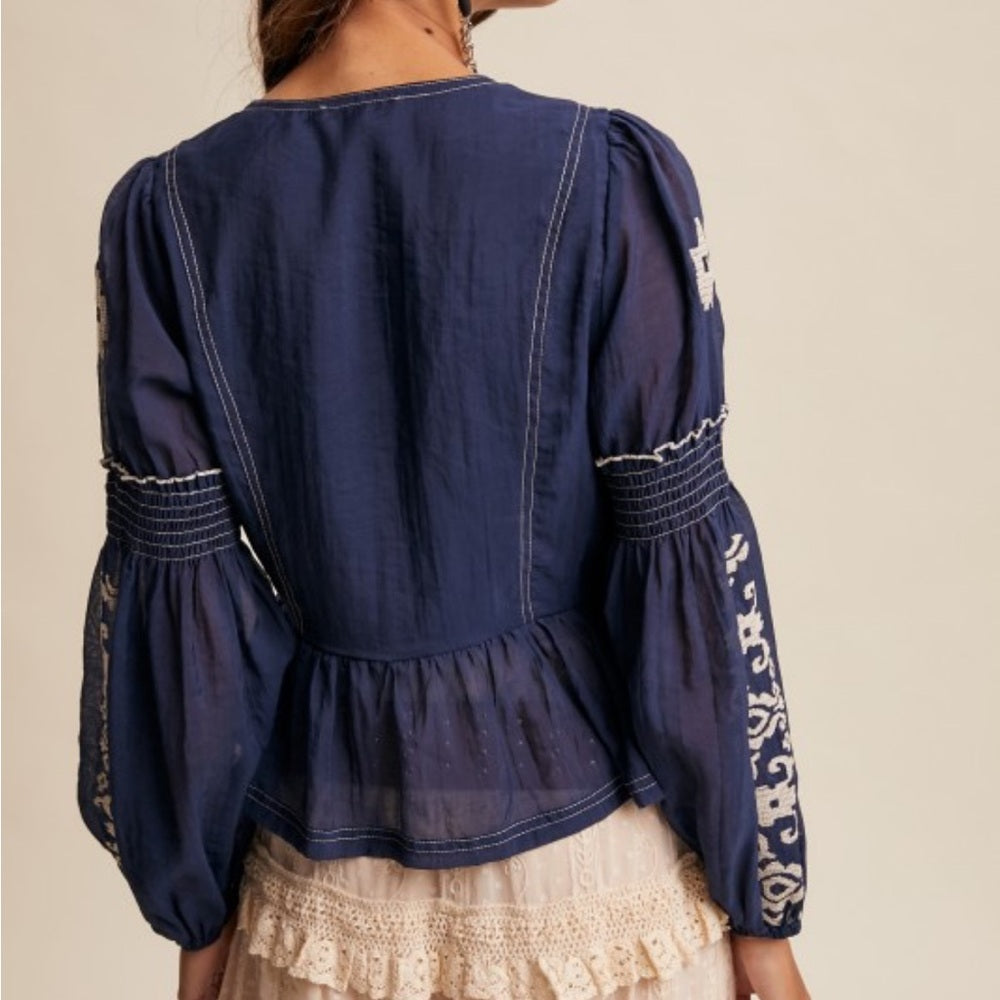 546. Embroidered Navy Blue Peplum Top