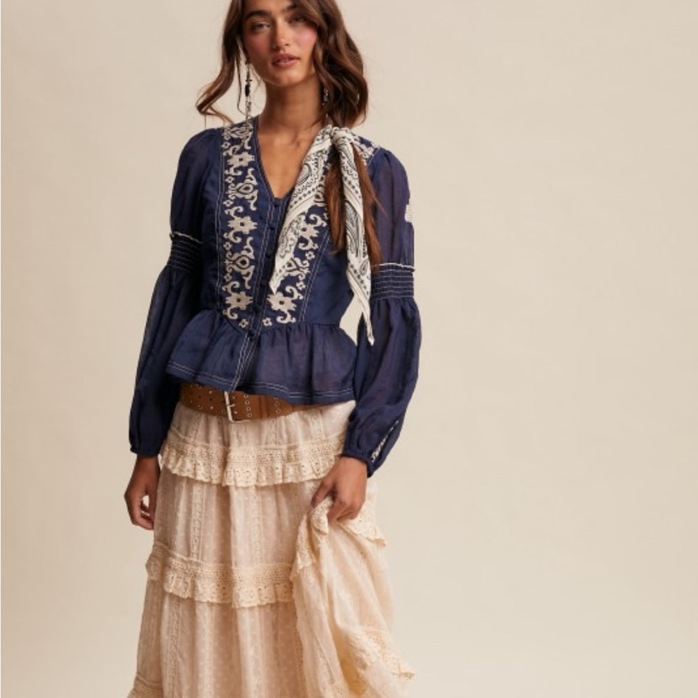 546. Embroidered Navy Blue Peplum Top