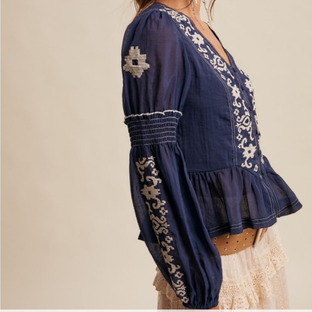 546. Embroidered Navy Blue Peplum Top