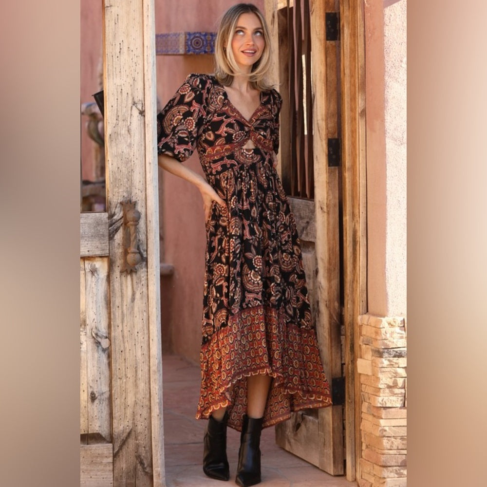 547. Black and Brown Paisley Front Keyhole Dress