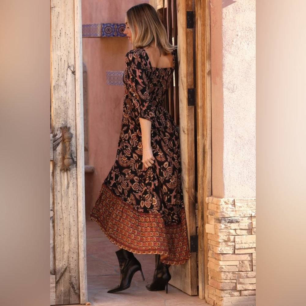 547. Black and Brown Paisley Front Keyhole Dress