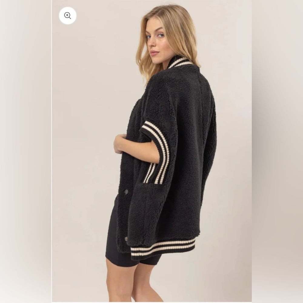 550. Black Fleece Varsity Jacket with Striped Trim