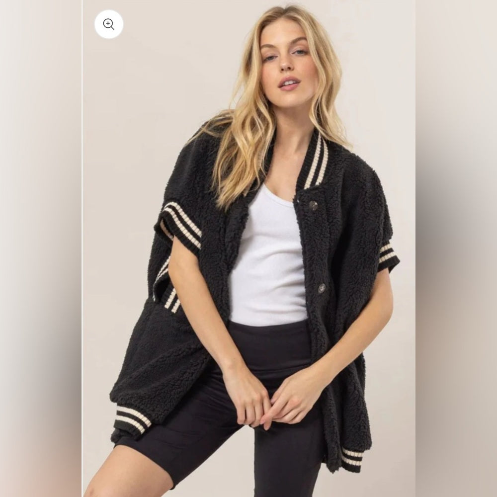 550. Black Fleece Varsity Jacket with Striped Trim