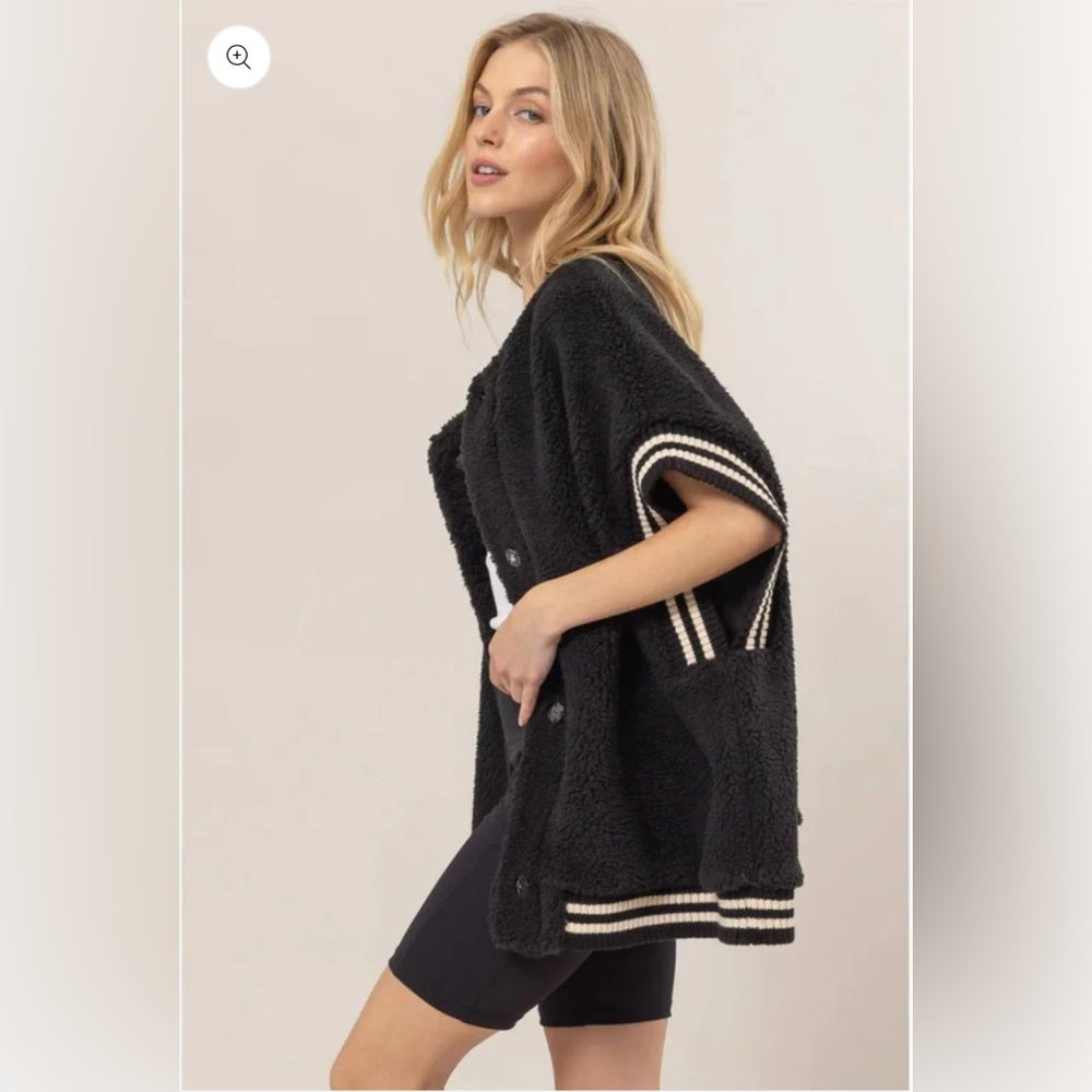 550. Black Fleece Varsity Jacket with Striped Trim