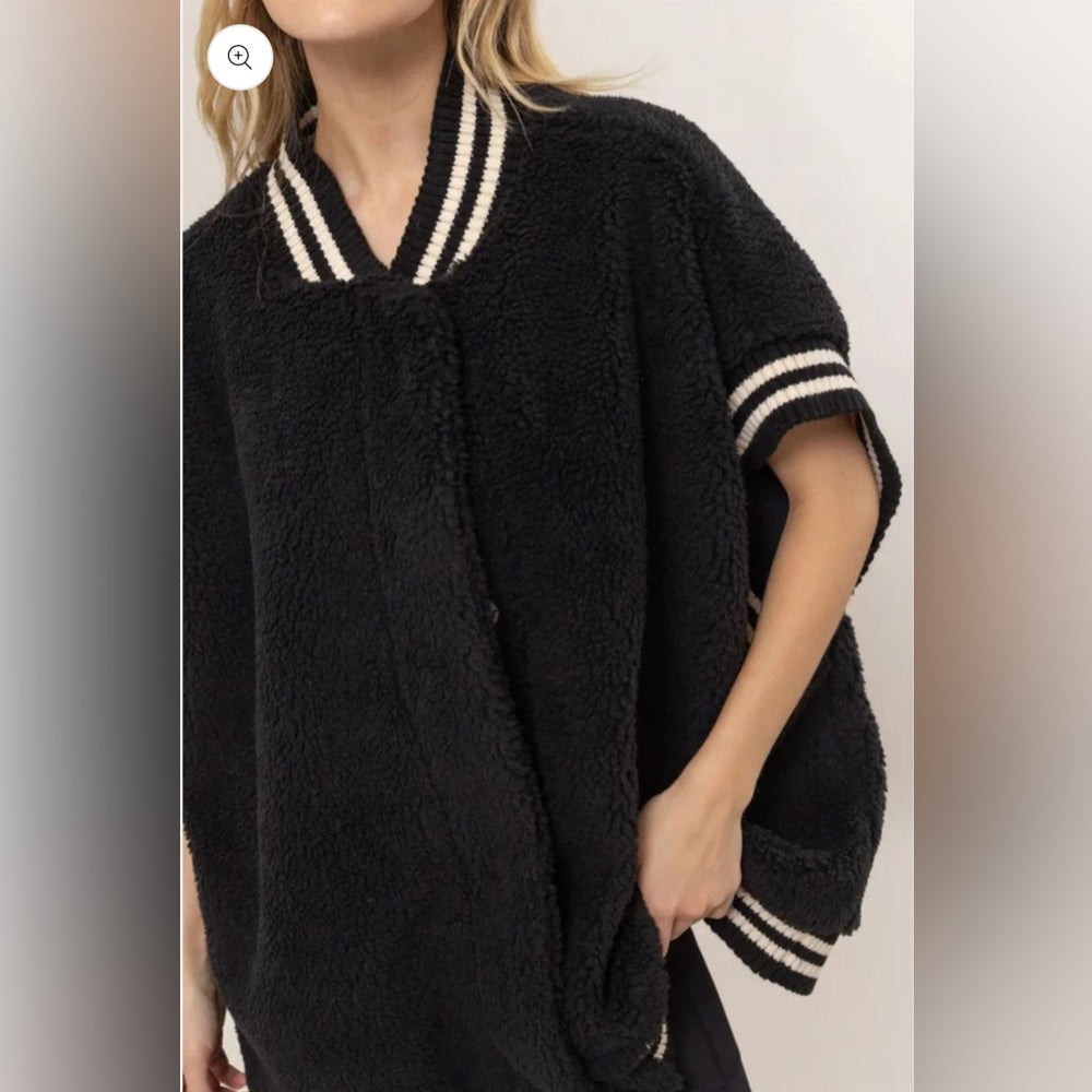 550. Black Fleece Varsity Jacket with Striped Trim
