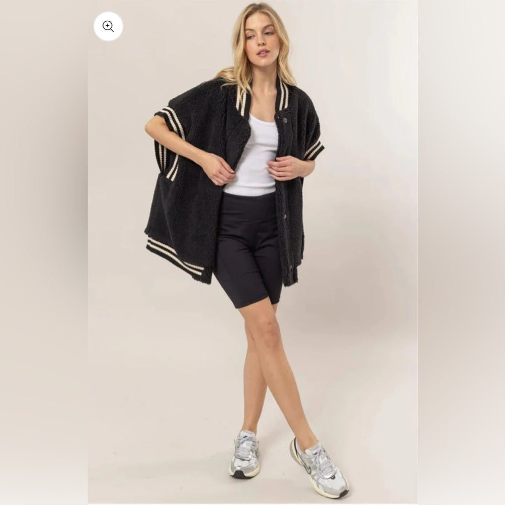550. Black Fleece Varsity Jacket with Striped Trim