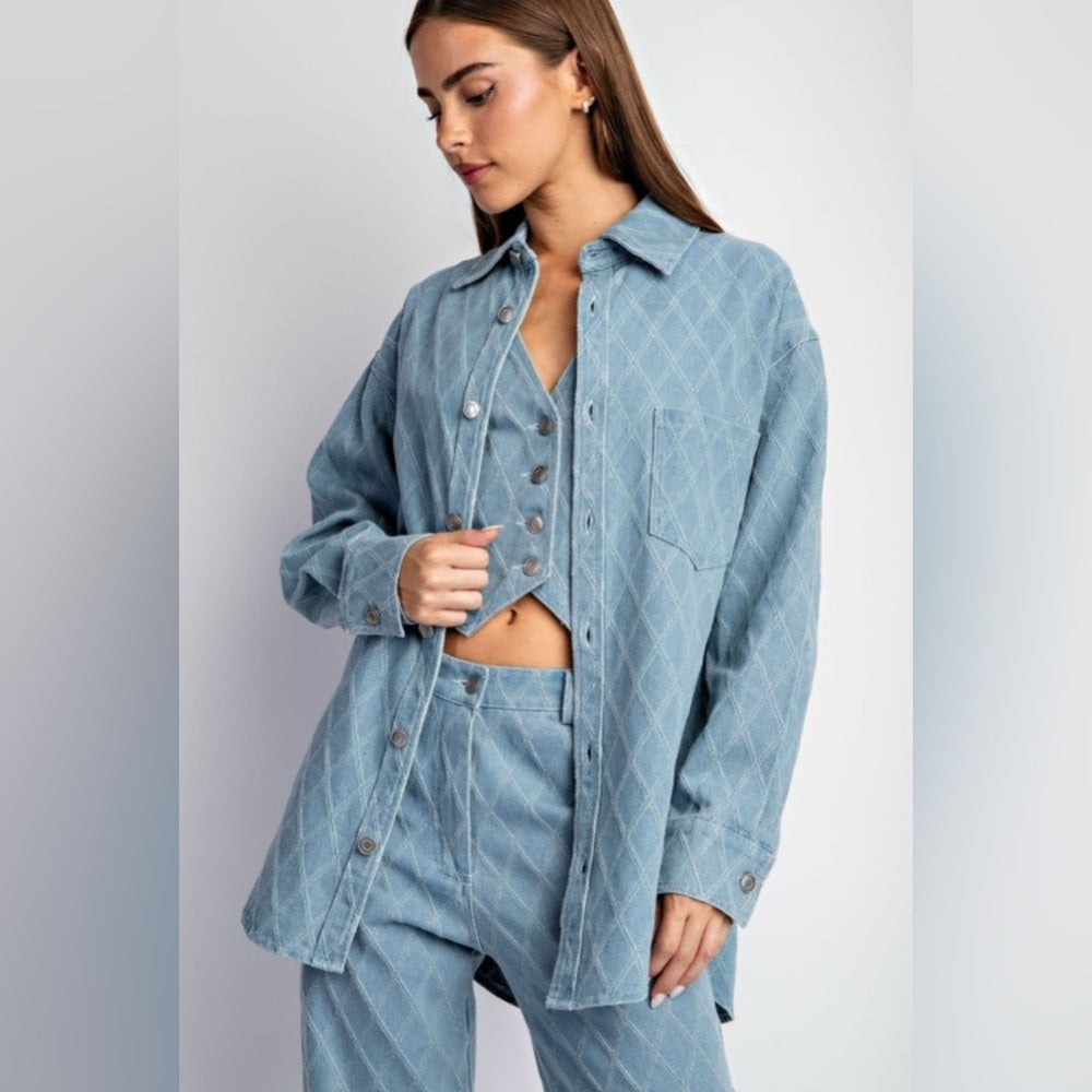 551. Light Blue Denim Quilted Button-Up Shirt