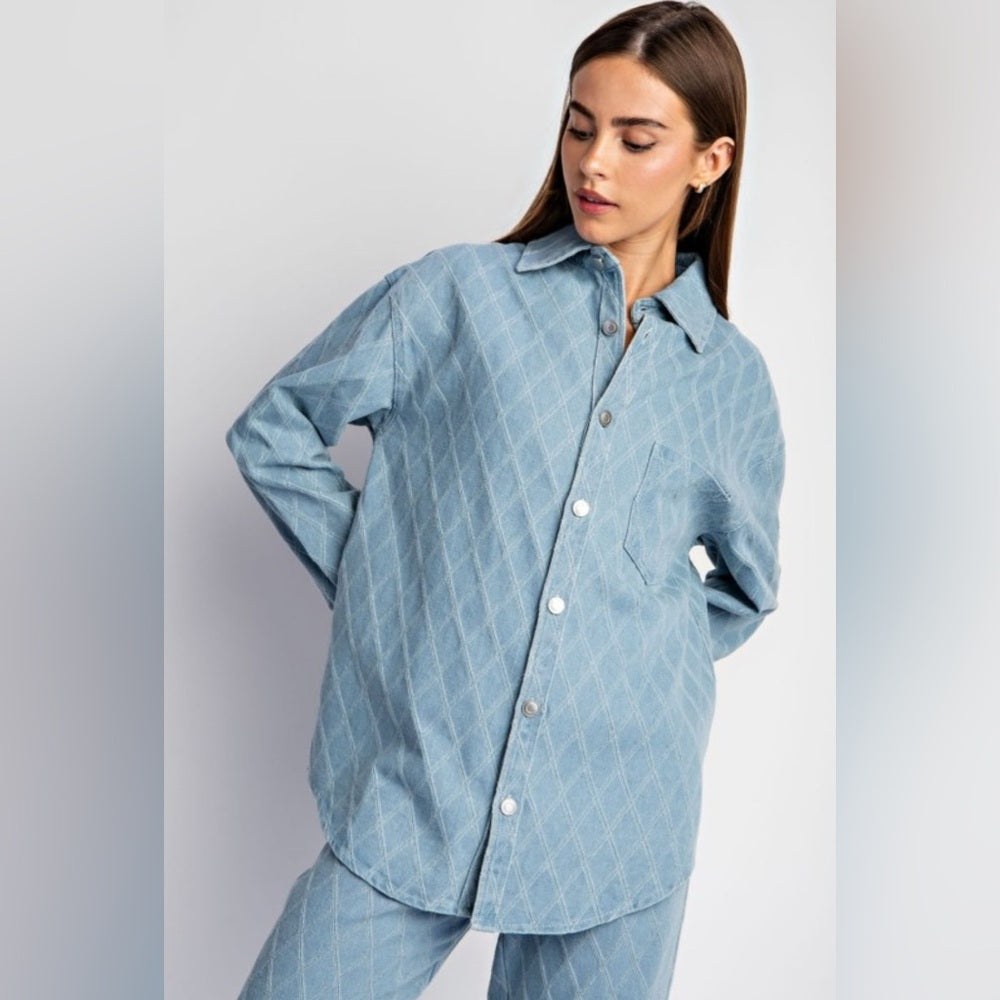 551. Light Blue Denim Quilted Button-Up Shirt