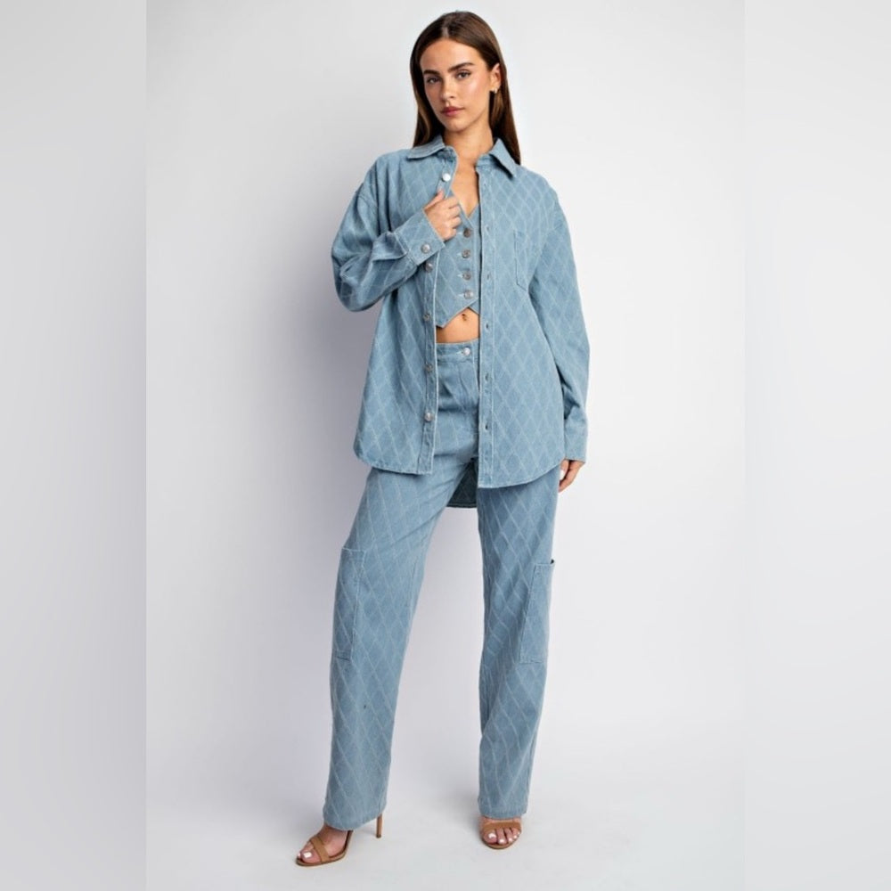 551. Light Blue Denim Quilted Button-Up Shirt