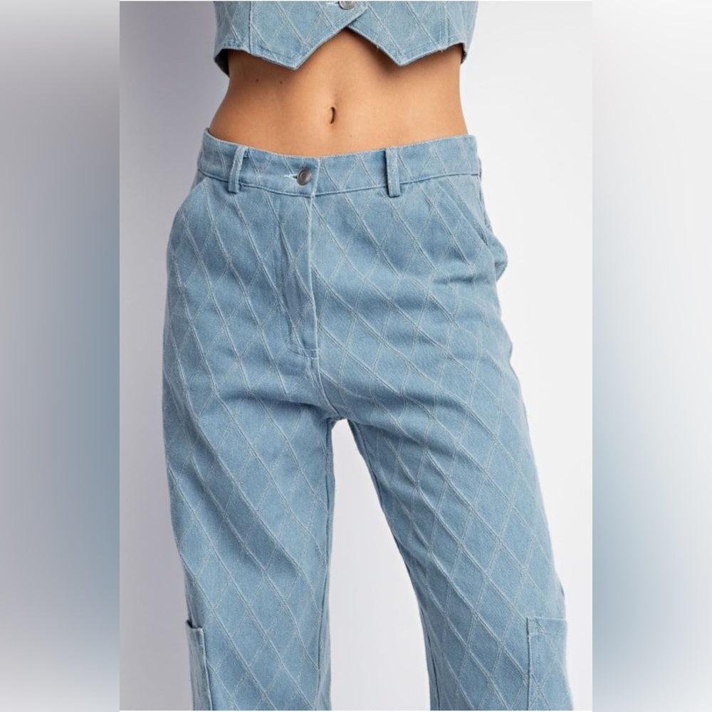 549. Light Blue Denim Quilted Cargo Pants